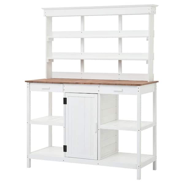 Unbranded 66 in. Large Outdoor Farmhouse Wooden Potting Bench Table, Garden Workstation w/Drawers, Cabinet and Open Shelves, White