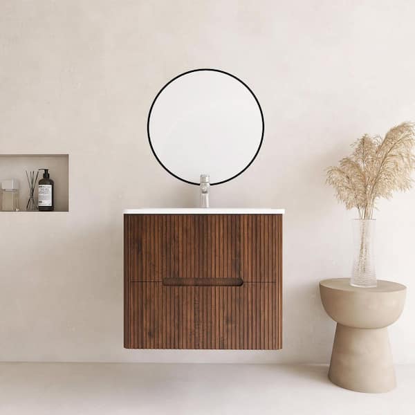 24 in. Single Sink Wall-Mounted Walnut Bath Vanity with White Ceramic Top