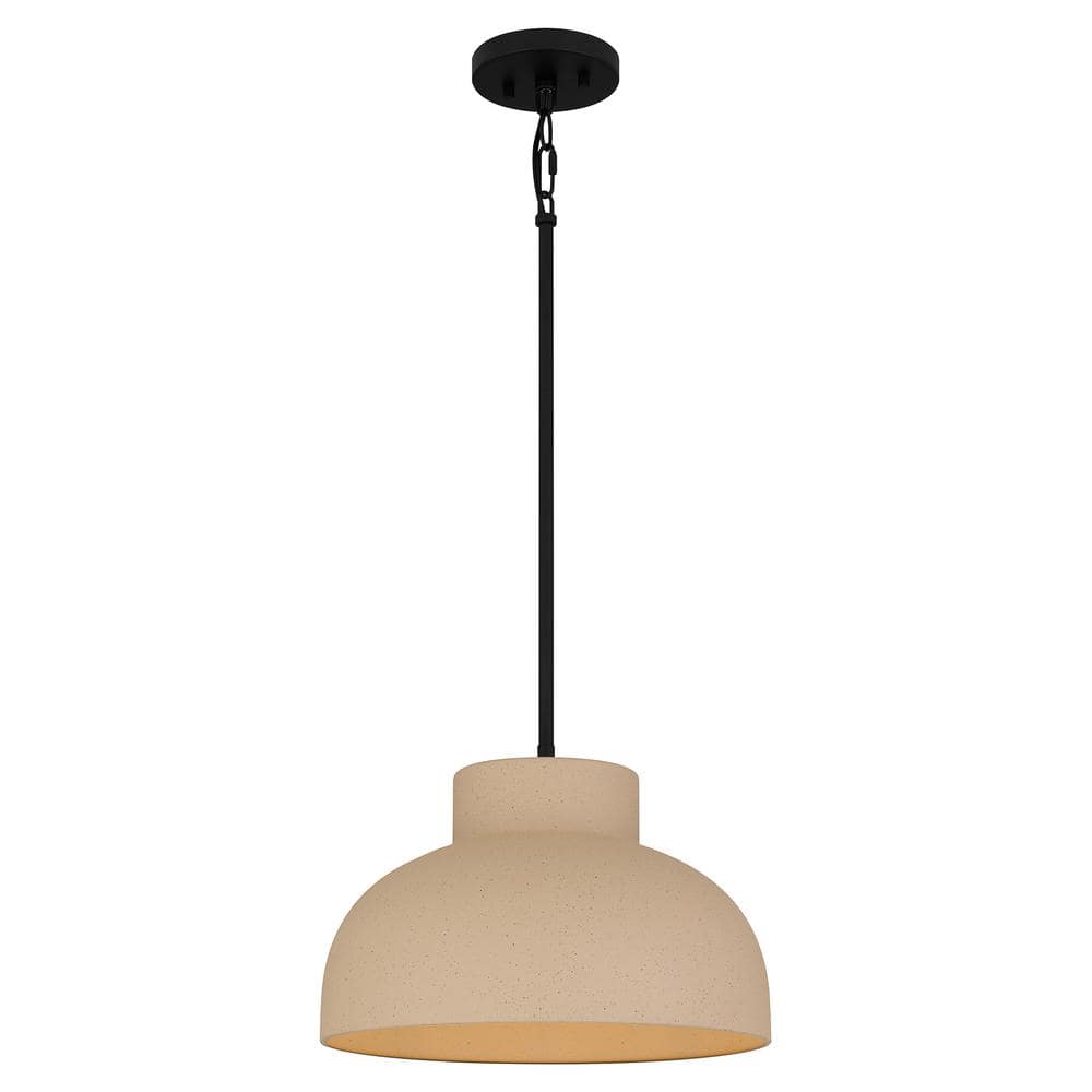1-Light Matte Black Shaded Pendant Light with Creamy White Finish Shade