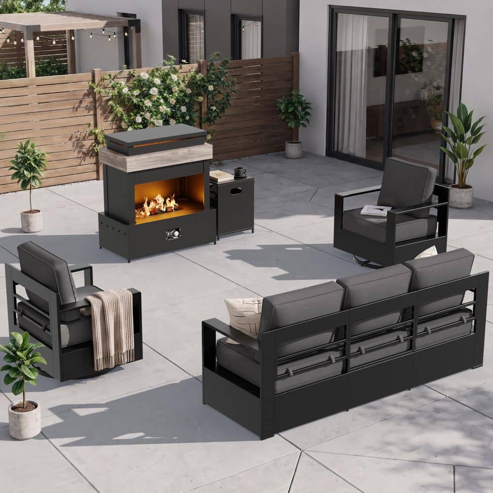 4-Piece Aluminum Patio Conversation Set with Fire Pit Table, Sofa, Swivel Rocking Chairs and 6 in. Gray Cushions price history on PriceWatchPro