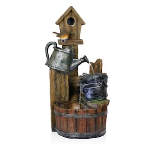 32 in. Watering Can Barrel Birdhouse Tiered Fountain with White LED Lights
