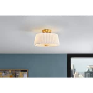 Emyvale 13 in. 2-Light Brushed Gold Flush Mount with White Fabric Shade