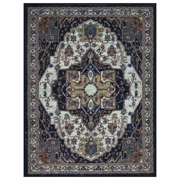 Ottomanson Tokyo Collection Non-Slip Rubberback Border Design 5x7 Indoor Area Rug, 5 ft. x 6 ft. 6 in.,Navy/Beige