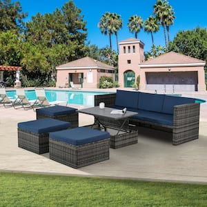 5-Piece Rattan Wicker Outdoor Sofa Sectional Set and Lift. Top Coffee Table with Navy Blue Cushions