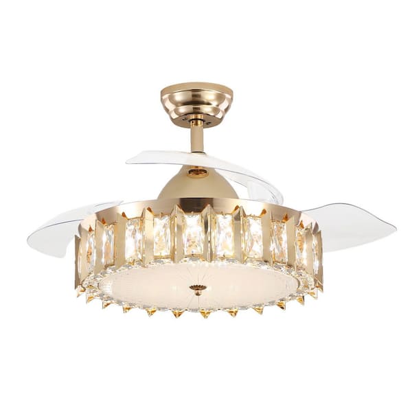 Oaks Aura Cerello 42in. LED Indoor French Gold Glam Crystal Chandelier With Retractable Remote Control Ceiling Fan With Light