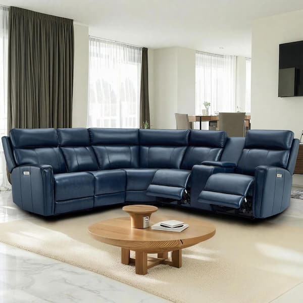 Rhett 104 in. Genuine Leather Power Recliner Sectional Sofa with USB&USB-C Port, 1 Power Armlesschair in Dark Blue