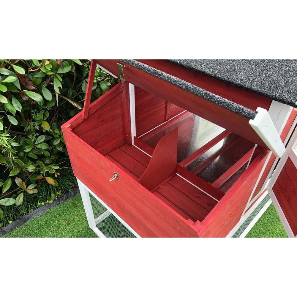 Red and White Elevated Wooden Chicken Coop with Mesh Run