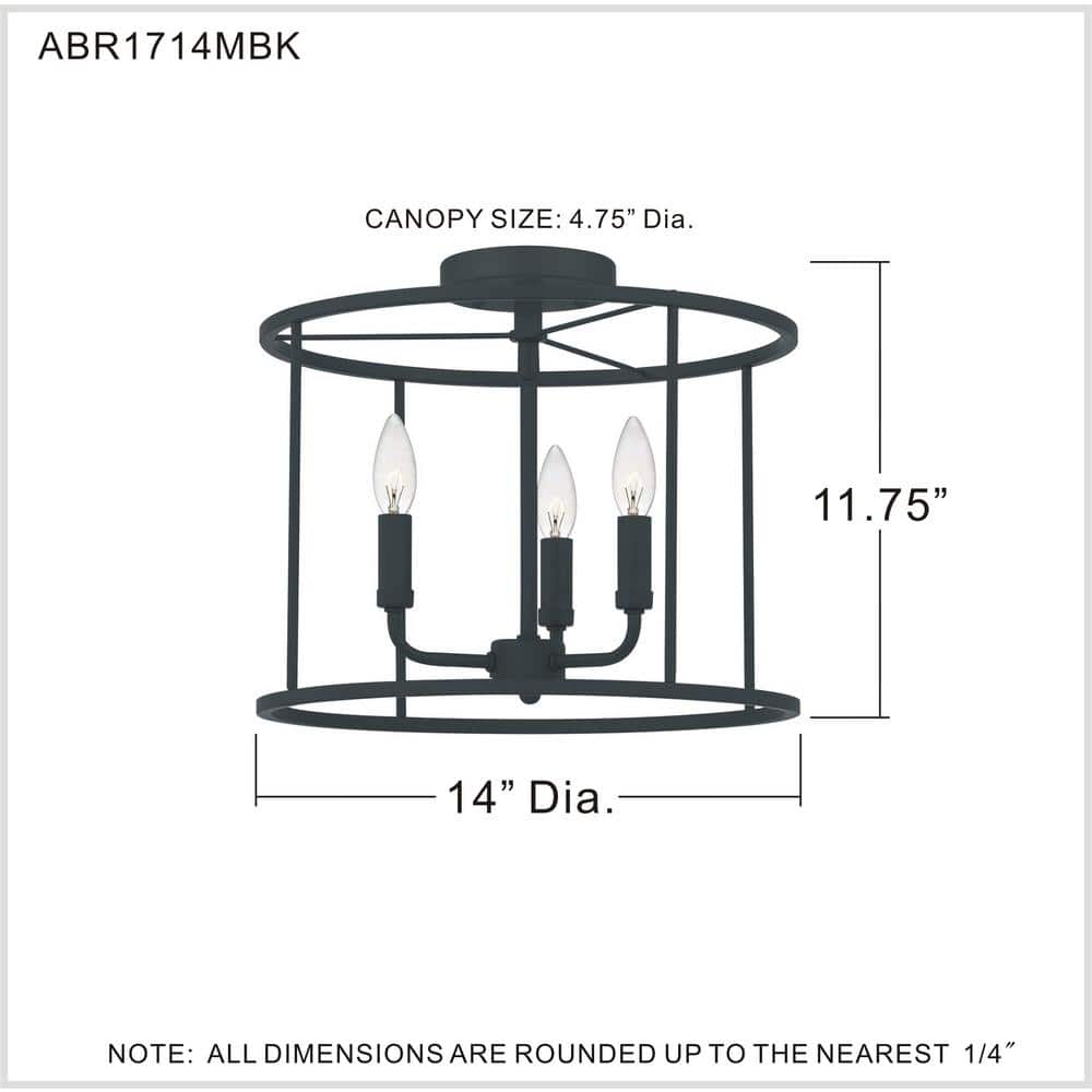 Abner Matte Black 14" Transitional Semi-Flush Mount with Hammered Glass