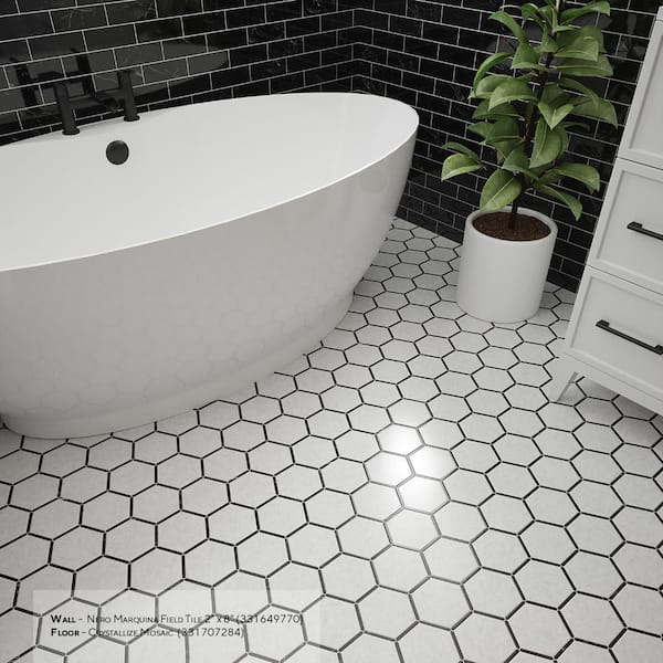 Crystallize Nero Marquina Black 8.5 in. x 14.875 in. Hex Polished Marble Wall and Floor Mosaic Tile (8.78 sq. ft./Case)