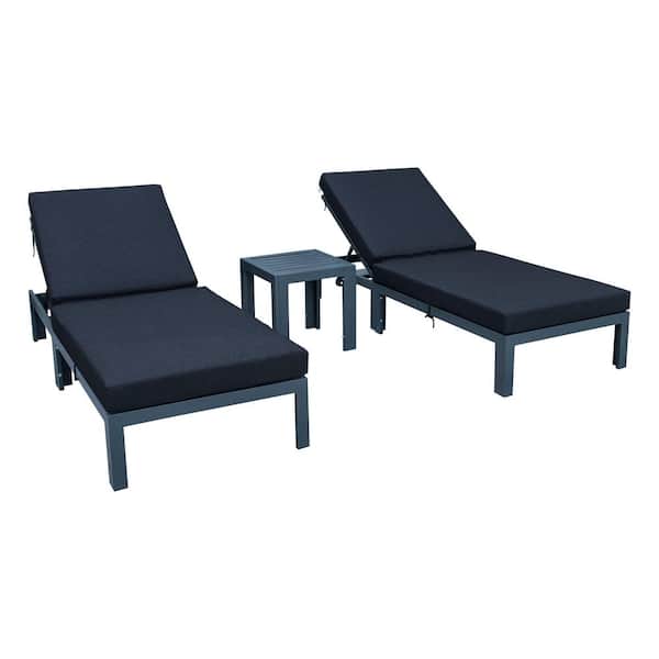 Leisuremod Chelsea Modern Black Aluminum Outdoor Patio Chaise Lounge Chair with Side Table and Black Cushions (Set of 2)