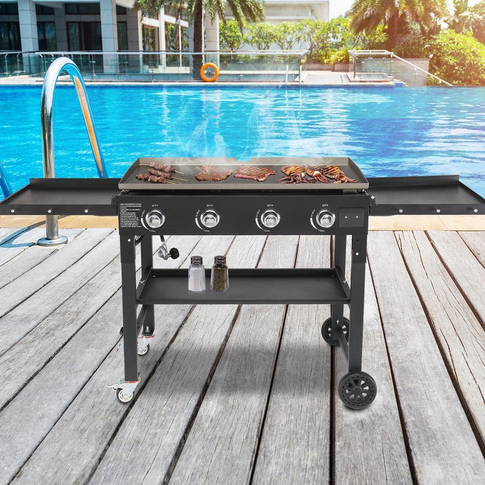 Foldable Black 4-Burner Propane Gas Griddle Cooking Station
