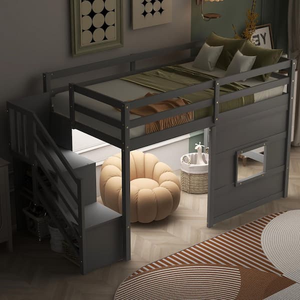 Gray Wood Frame Twin Size Loft Bed with LED Light, Storage Staircase and Window