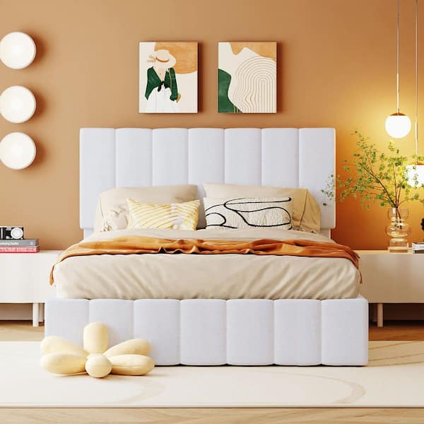 White Wood Frame Full Size Platform Bed with a Hydraulic Storage System