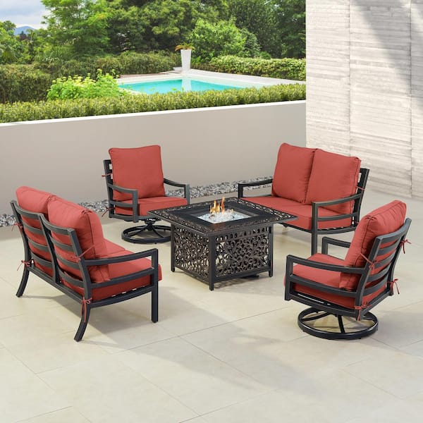 Oakland Living Black 6-Piece Aluminum Patio Fire Pit with 2-Deep Seating Loveseat and 2-Club Chairs Red Cushions