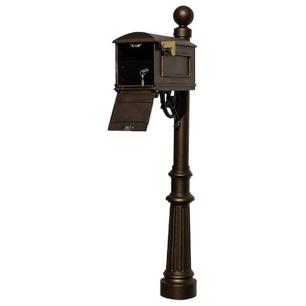 Unbranded Lewiston Bronze Post Mount Locking Insert Mailbox with Decorative Fluted Base and Ball Finial