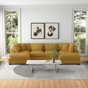 144 in. Square Arm Polyester Corduroy U-Shaped Modular Chaise Deep-Seated Oversized 6-Pieces Sectional Sofa in Yellow