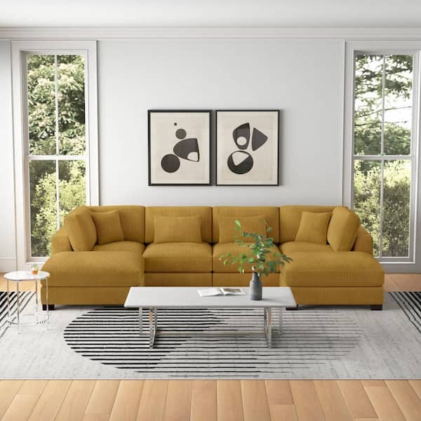 Monland 144 in. Square Arm Polyester Corduroy U-Shaped Modular Chaise Deep-Seated Oversized 6-Pieces Sectional Sofa in Yellow