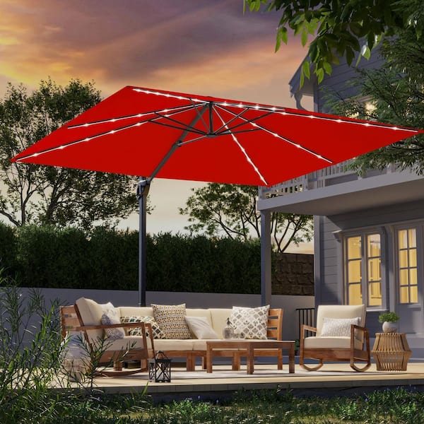 JOYESERY 10 x 8 ft. Metal LED Rectangle Cantilever Patio Umbrella Solution-Dyed Fabric and 360° Rotation System in Red