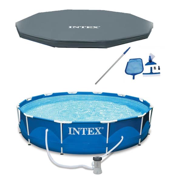 Intex 12 ft. Round 30 in. D Metal Frame Hard Side Above Ground Pool, Filter, Cover and Maintenance Kit