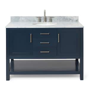 Bayhill 49 in. W x 22 in. D x 35.25 in. H Freestanding Bath Vanity in Midnight Blue with Carrara White Marble Top