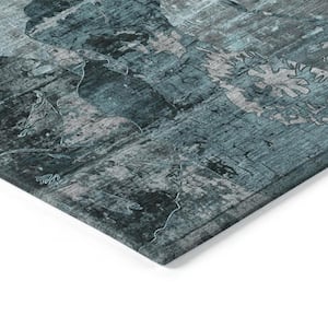 Teal and Gray 8 ft. x 10 ft. Woven Floral Rectangle Indoor/Outdoor Area Rug