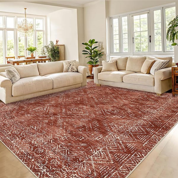 Red 6 ft. x 9 ft. Washable Vintage Distressed Bohemian Style Polyester Area Rug