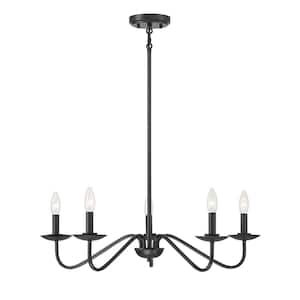 28 in. W x 7 in. H, 5-Light Matte Black Modern Chandelier with No Bulbs Included