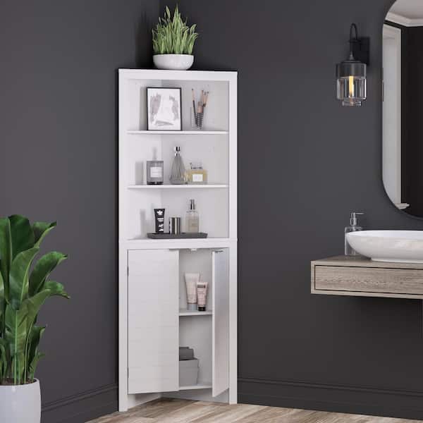 Madison 23.31 in. W x 16.88 in. L x 63.88 in. H White Linen Cabinet Corner Bathroom Storage Cabinet with Open Shelves
