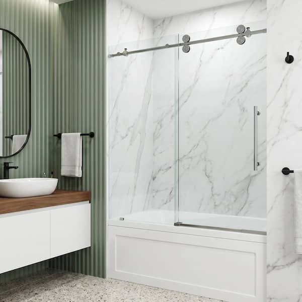Elan 56 to 60 in. W x 66 in. H Sliding Frameless Tub Door in Stainless Steel with 3/8 in. (10mm) Clear Glass