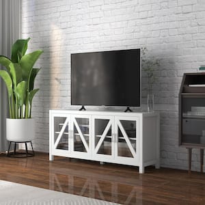 58 in. White Rectangle Wood TV Console Table with Adjustable Shelves
