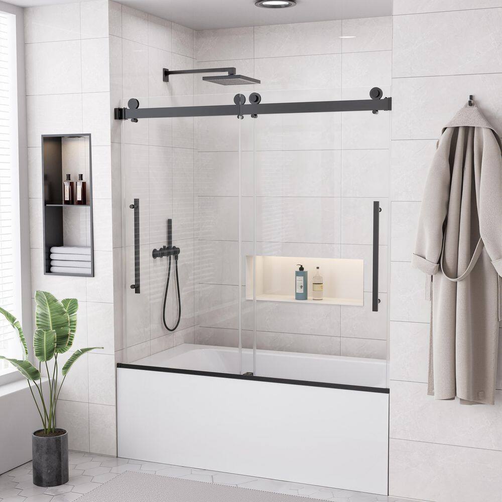 60 in. W x 60 in. H Sliding Frameless Tub Door in Matte Black with 5/16 in. Tempered Clear Glass price history on PriceWatchPro