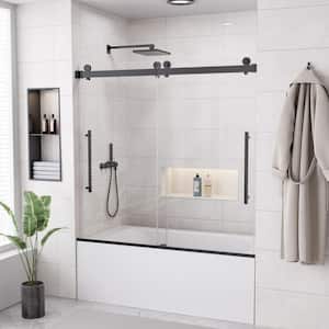 56 - 60 in. W x 58 in. H Sliding Frameless Tub Door in Matte Black with 1/4 in. Clear Tempered Glass