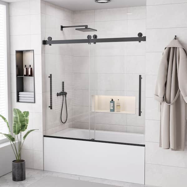 56 - 60 in. W x 58 in. H Sliding Frameless Tub Door in Matte Black with 1/4 in. Clear Tempered Glass