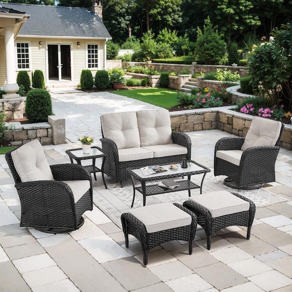 Gymojoy Carlos Black 7-Piece Glider Set Wicker Patio Conversation Set Outdoor Swivel Chair Set with Beige Cushion Guard Cushions