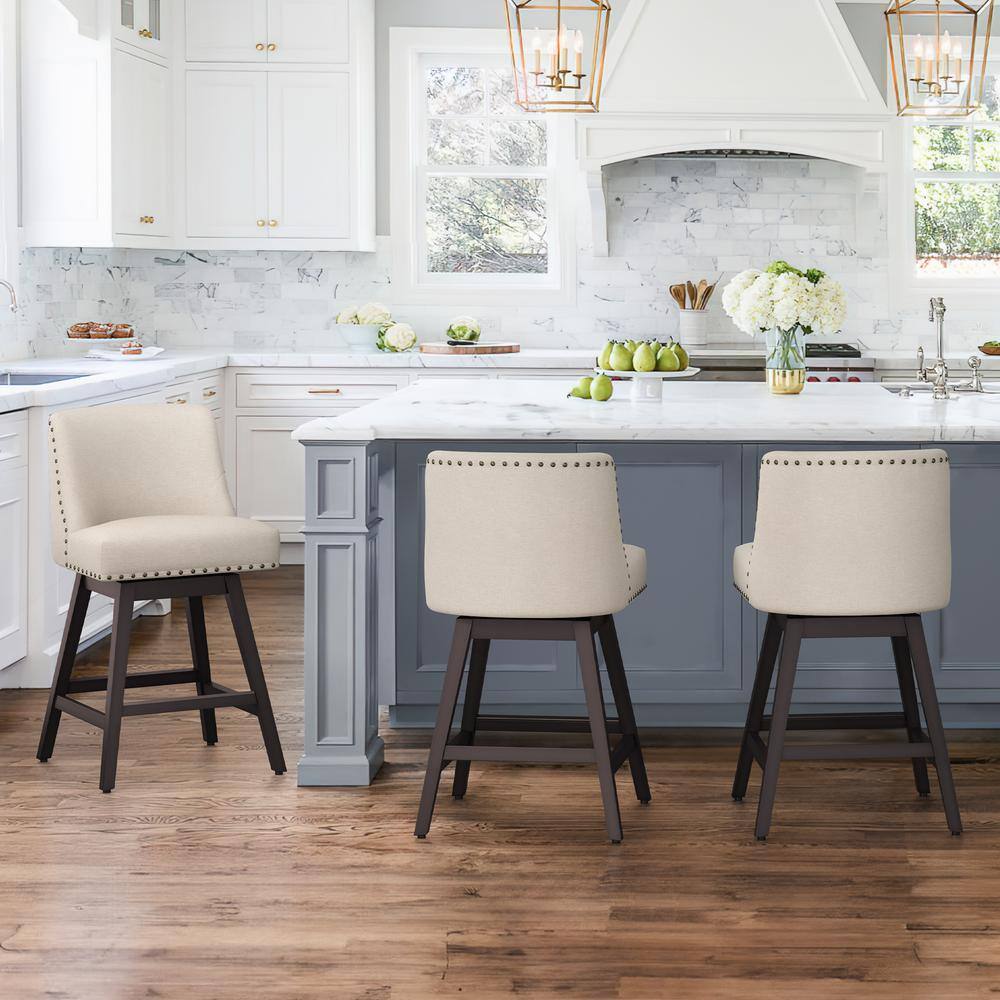 cozyman Hampton 26 in. Solid Wood Linen Swivel Bar Stools with Back