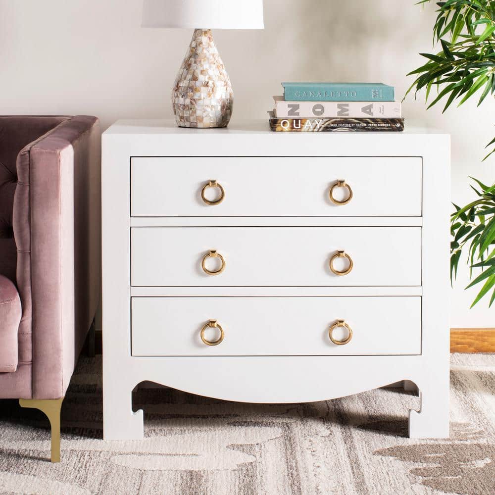 White and Gold Transitional 3-Drawer Chest with Soft Close