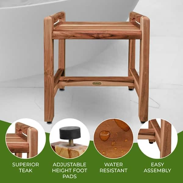 EcoDecors EarthyTeak Eleganto 24 inch Teak Shower Bench with Shelf and Ergonomic LiftAide Arms