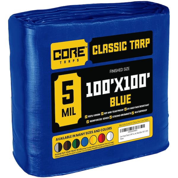 CORE TARPS 100 ft. x 100 ft. Blue 5 Mil Heavy Duty Polyethylene Tarp, Waterproof, UV Resistant, Rip and Tear Proof