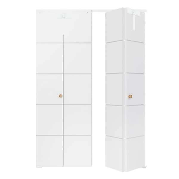 64 in. x 80 in. 5 Grooved Lines Primed Hollow Core MDF. Bi-Fold Door with Lock, Handle and Hardware Kits, Closet Doors