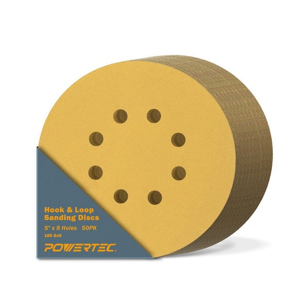 ‎POWERTEC 5 in. 8 Hole 100 Grit Gold Hook and Loop Sanding Discs (50-Pack)
