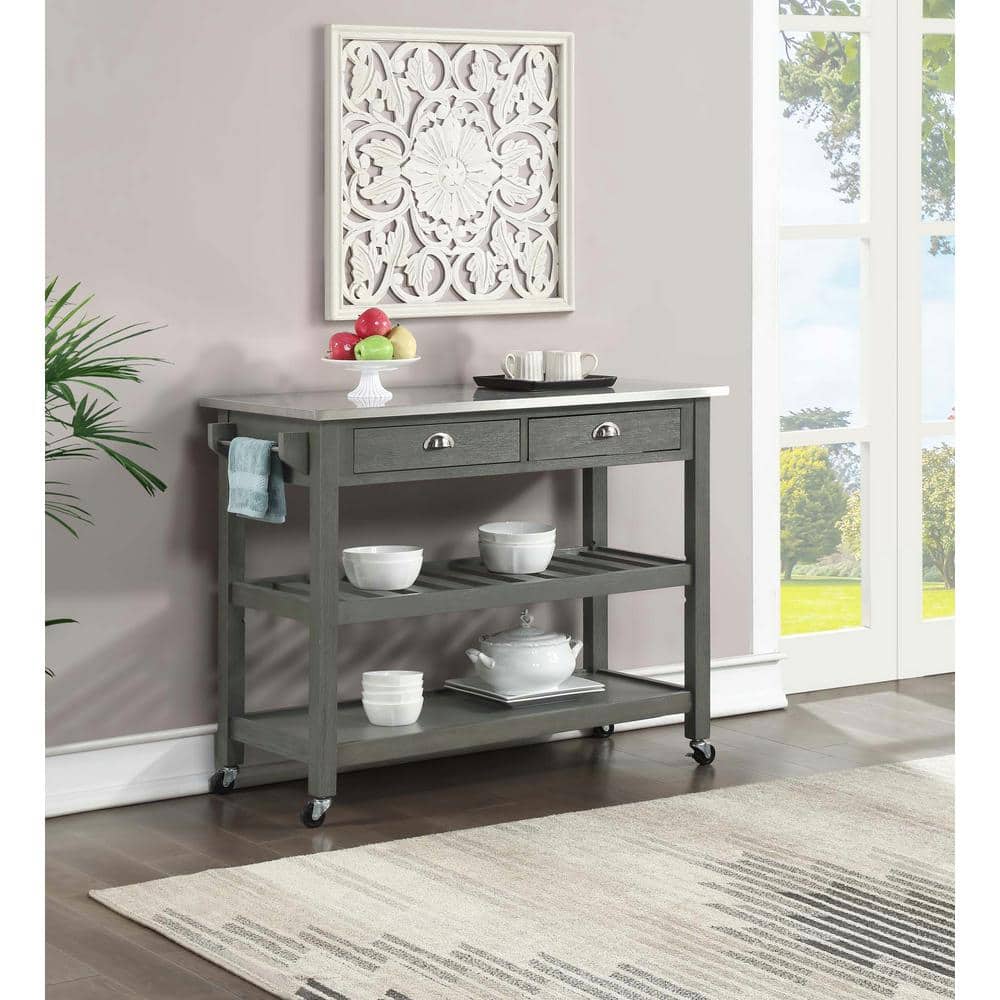 Wirebrush Dark Gray Stainless Steel Kitchen Cart with Wine Rack