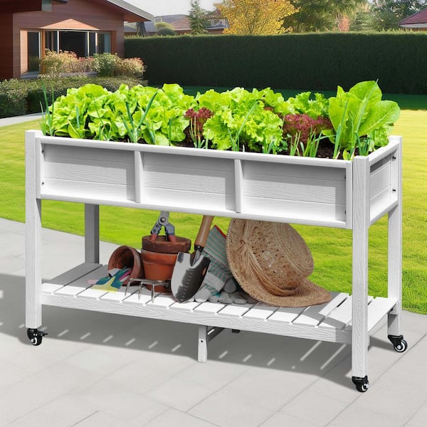 DEXTRUS 46 in. x 17 in. x 31 in. HIPS Plastic Raised Garden Bed with Shelf and Lockable Wheels