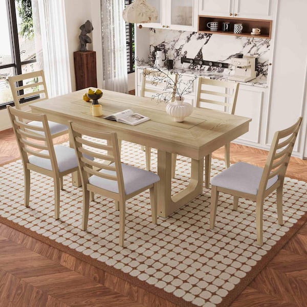 7-Piece Rectangular Natural Wood Top Dining Table Set Seats 6 with Rustic Wooden Kitchen Table and 6 Upholstered Chairs