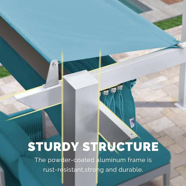 10 ft. x 10 ft. White Aluminum Frame Pergola with Blue Retractable Sun Shade Canopy Extra Roof and String Lights