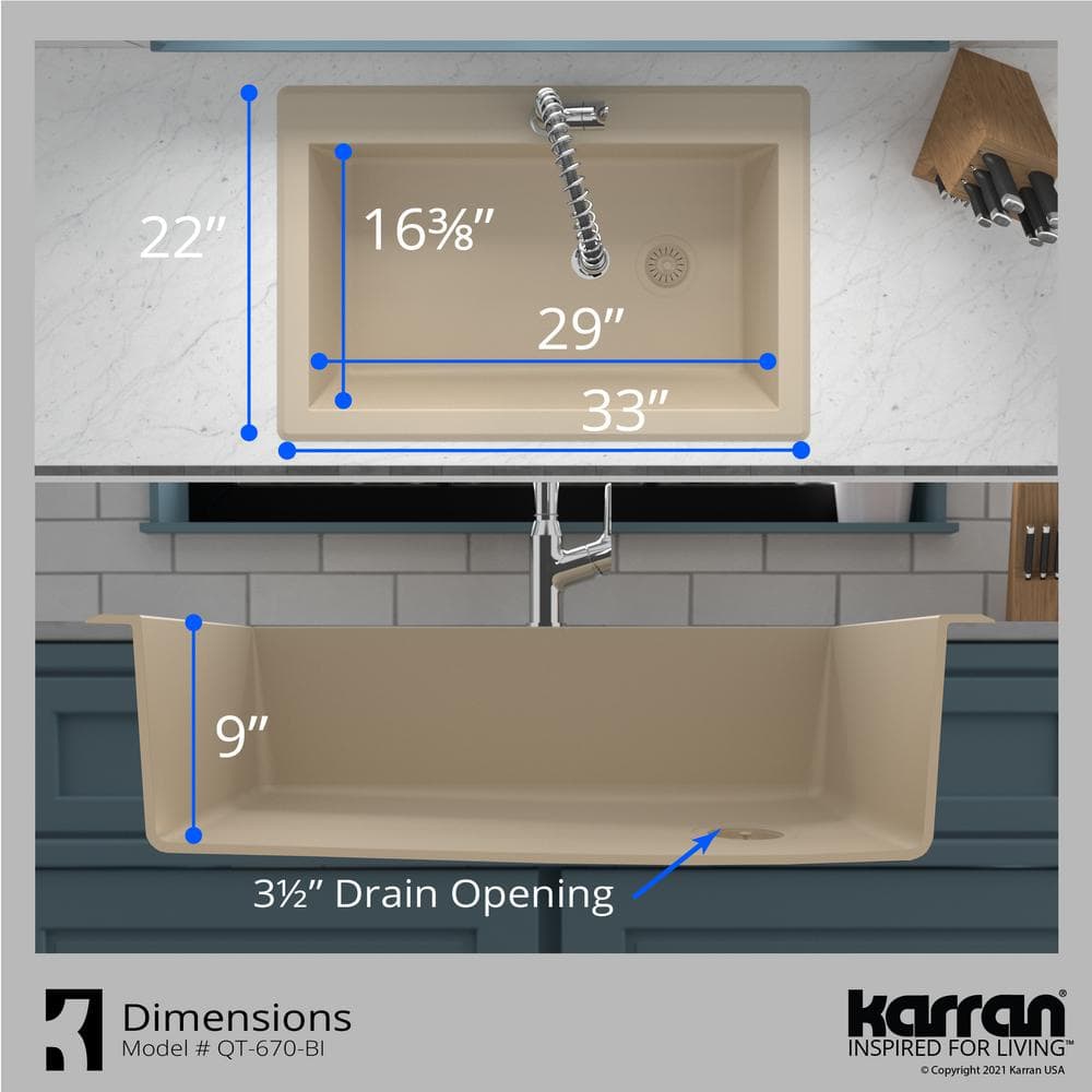 Bisque Quartz Composite Single Bowl Kitchen Sink, 33" x 22"