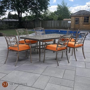 Charcoal Gray 7-Piece Cast Aluminum Rectangle Outdoor Dining Set and Flower-Shaped Chairs with Orange Cushions