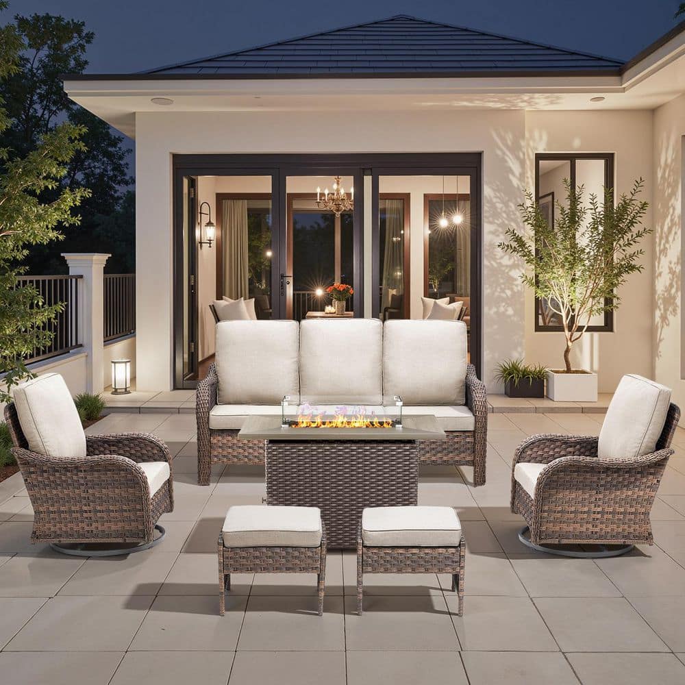 RoundEase 6-Piece Brown Wicker Fire Pit Conversation Set with Olefin Beige Cushions and Curved Arm Swivel Glider Chairs price history on PriceWatchPro