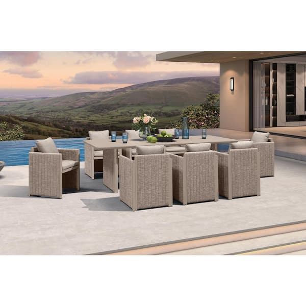 9-Piece Aluminum Outdoor Dining Set All-Weather Modern Rectangular Dining Table and Chairs with Olefin Cushions, Beige