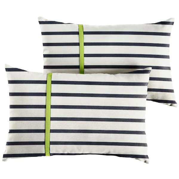 SORRA HOME Sunbrella Blue White Stripe with Macaw Green Rectangular Outdoor Knife Edge Lumbar Pillows (2-Pack)