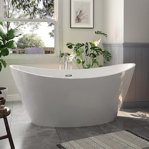 59 in. Free Standing Bathtub Streamline Stand Alone Flatbottom Acrylic Deep Soaking SPA Tubs for Adults in White